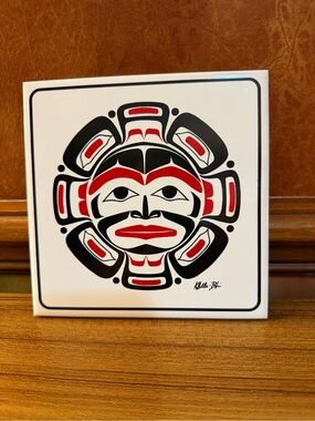 Klatle-Bhi Signed Ceramic Trivet Tile 6” Northwest Coast First Nations Moon Mask